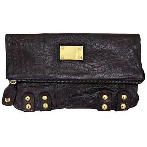Linea Pelle Collection‎ Croc Embossed Leather Foldover Clutch Brown Studded